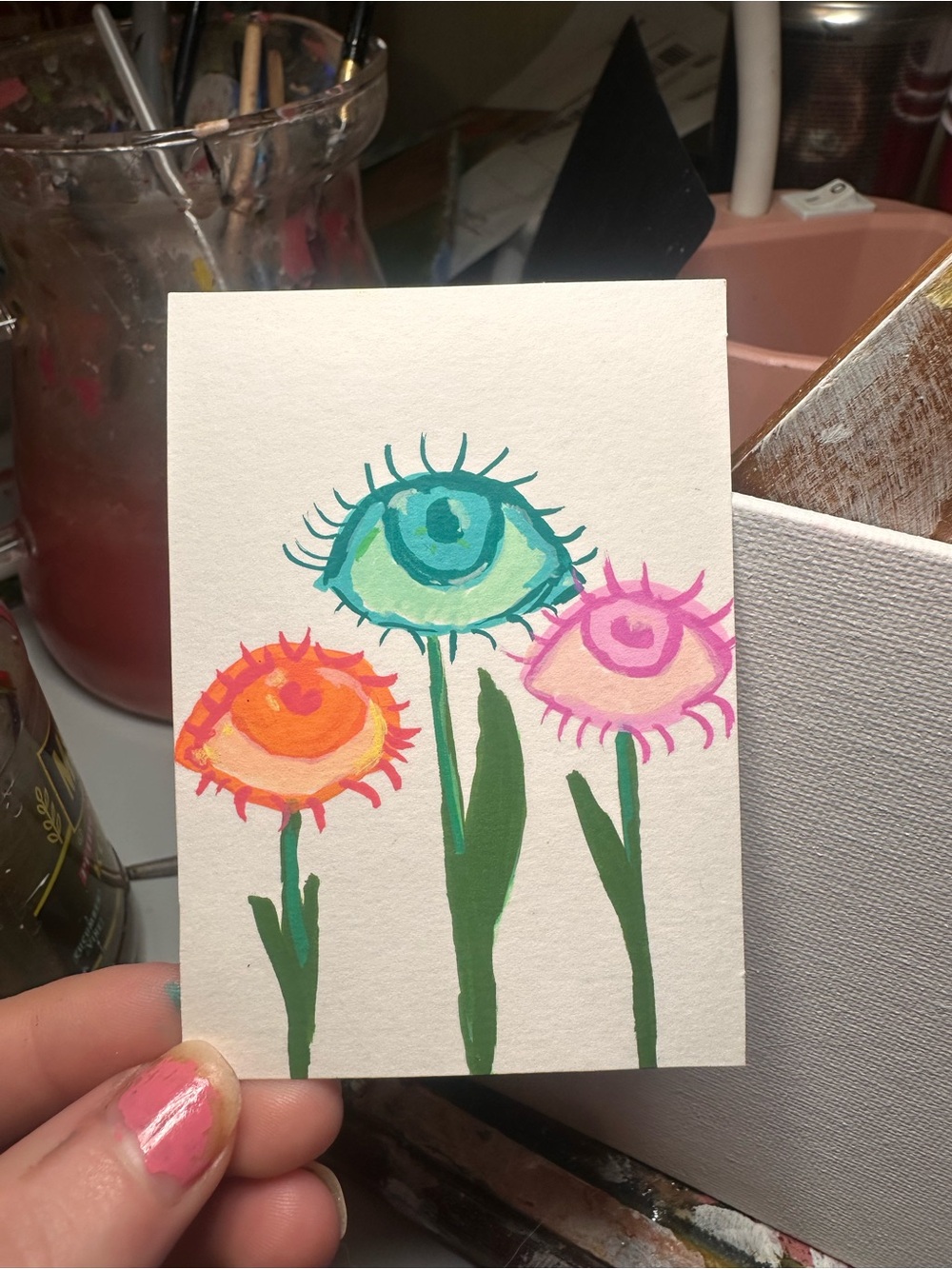 Hand-Painted Floral Eye Art Print - Pink, Orange, Teal - Unbranded